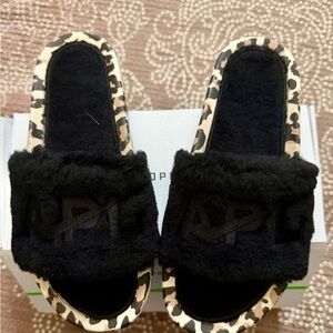 APL Black and Leopard Shearling Slides